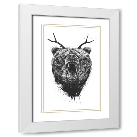 Angry Bear with Antlers White Modern Wood Framed Art Print with Double Matting by Solti, Balazs