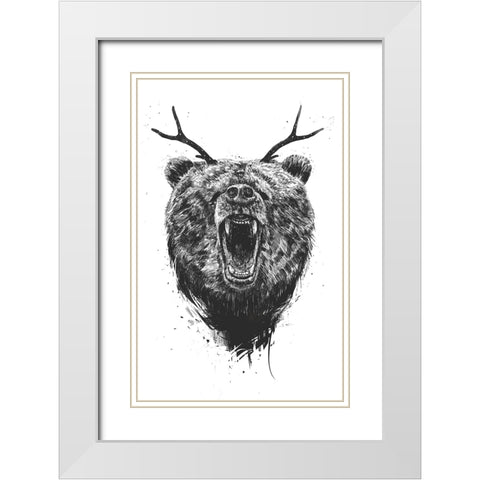 Angry Bear with Antlers White Modern Wood Framed Art Print with Double Matting by Solti, Balazs