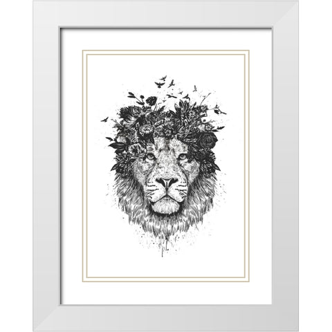 Floral lion (bw) White Modern Wood Framed Art Print with Double Matting by Solti, Balazs