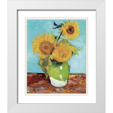 Vase With Three Sunflowers White Modern Wood Framed Art Print with Double Matting by Pictufy