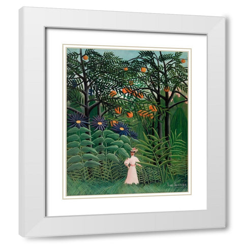 Femme Se Promenant Dans Une Foret Exotique White Modern Wood Framed Art Print with Double Matting by Pictufy