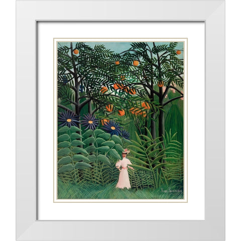 Femme Se Promenant Dans Une Foret Exotique White Modern Wood Framed Art Print with Double Matting by Pictufy