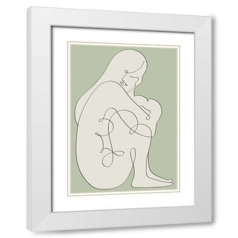 Sitting Woman Green White Modern Wood Framed Art Print with Double Matting by Pictufy Studio II