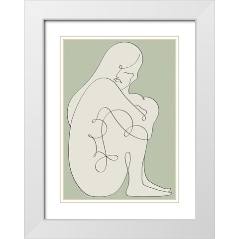 Sitting Woman Green White Modern Wood Framed Art Print with Double Matting by Pictufy Studio II