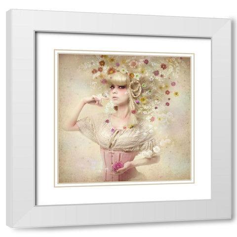 Girl Of The Flower Garden White Modern Wood Framed Art Print with Double Matting by Murakami, Kiyo