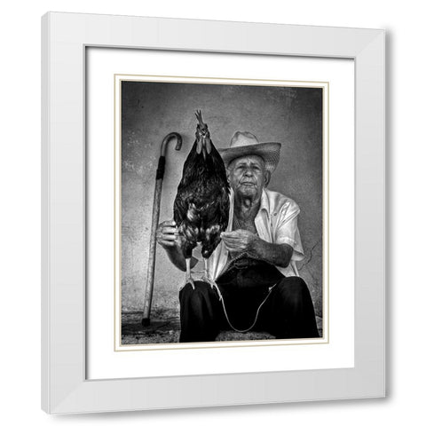 The Old Man With His Figting Cock White Modern Wood Framed Art Print with Double Matting by Mazalrey, Alain