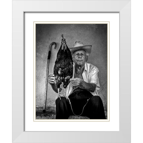 The Old Man With His Figting Cock White Modern Wood Framed Art Print with Double Matting by Mazalrey, Alain
