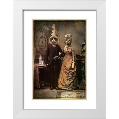 Cat Couple White Modern Wood Framed Art Print with Double Matting by DDiArte