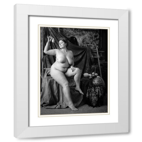 Portrait Of A Girl With A Pear White Modern Wood Framed Art Print with Double Matting by zanzib