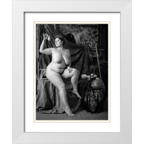 Portrait Of A Girl With A Pear White Modern Wood Framed Art Print with Double Matting by zanzib