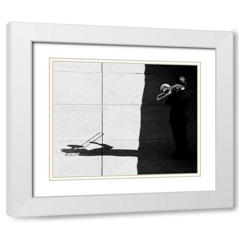 Trombone Player White Modern Wood Framed Art Print with Double Matting by Wang, Jian