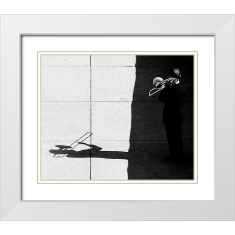 Trombone Player White Modern Wood Framed Art Print with Double Matting by Wang, Jian