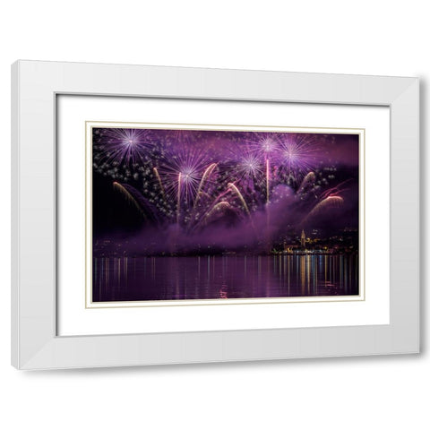 Fireworks Lake Pusiano White Modern Wood Framed Art Print with Double Matting by Marini, Roberto