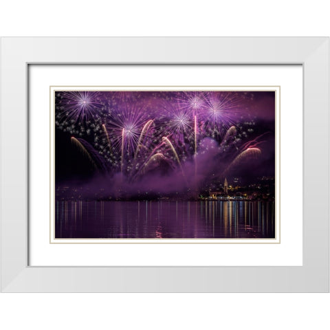 Fireworks Lake Pusiano White Modern Wood Framed Art Print with Double Matting by Marini, Roberto