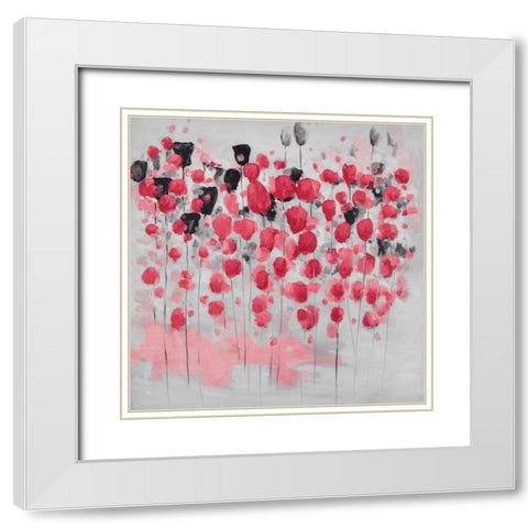 Abstract pink flowers field White Modern Wood Framed Art Print with Double Matting by Atelier B Art Studio