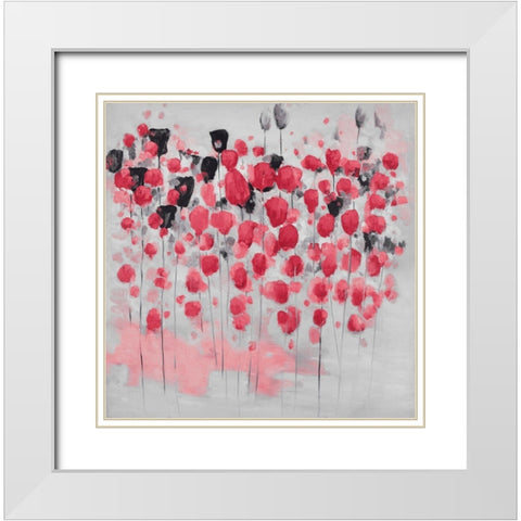 Abstract pink flowers field White Modern Wood Framed Art Print with Double Matting by Atelier B Art Studio