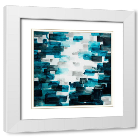 TURQUOISE AND GRAY SQUARES White Modern Wood Framed Art Print with Double Matting by Atelier B Art Studio