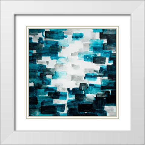 TURQUOISE AND GRAY SQUARES White Modern Wood Framed Art Print with Double Matting by Atelier B Art Studio