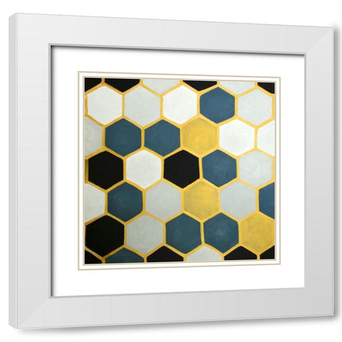 BLUE AND GOLD CELLS White Modern Wood Framed Art Print with Double Matting by Atelier B Art Studio