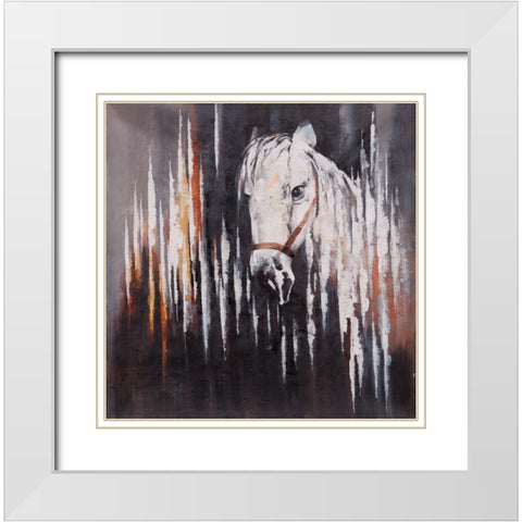 WHITE HORSE IN THE DARK White Modern Wood Framed Art Print with Double Matting by Atelier B Art Studio