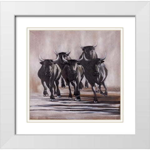 GROUP OF RUNNING BULLS White Modern Wood Framed Art Print with Double Matting by Atelier B Art Studio