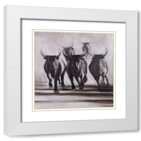 RUNNING FIERCE BULLS White Modern Wood Framed Art Print with Double Matting by Atelier B Art Studio