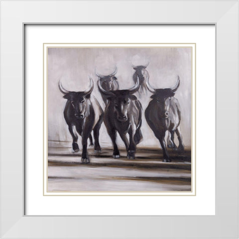 RUNNING FIERCE BULLS White Modern Wood Framed Art Print with Double Matting by Atelier B Art Studio