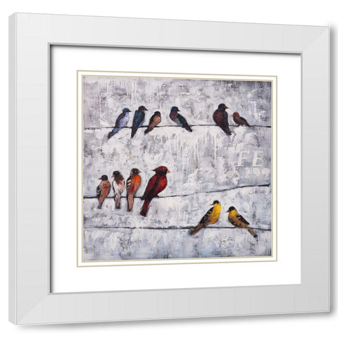 COLORFUL BIRDS ON BRANCHES White Modern Wood Framed Art Print with Double Matting by Atelier B Art Studio