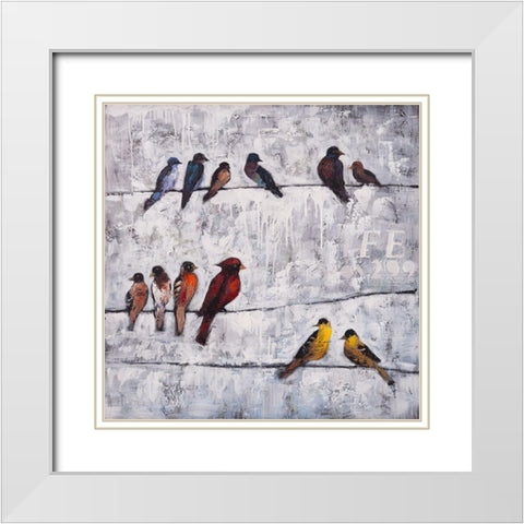 COLORFUL BIRDS ON BRANCHES White Modern Wood Framed Art Print with Double Matting by Atelier B Art Studio