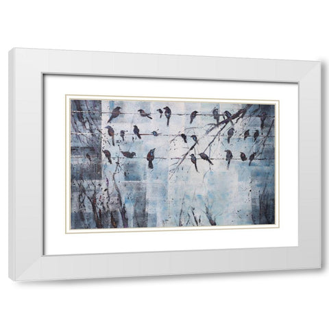 ABSTRACT BIRDS ON ELECTRIC WIRE White Modern Wood Framed Art Print with Double Matting by Atelier B Art Studio