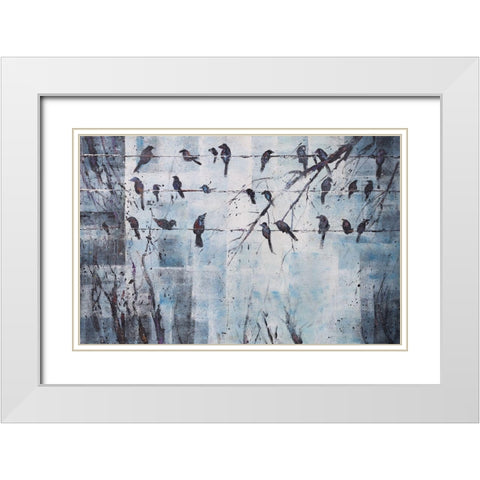 ABSTRACT BIRDS ON ELECTRIC WIRE White Modern Wood Framed Art Print with Double Matting by Atelier B Art Studio