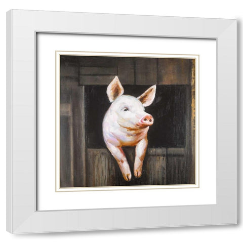 Smiling Pig White Modern Wood Framed Art Print with Double Matting by Atelier B Art Studio