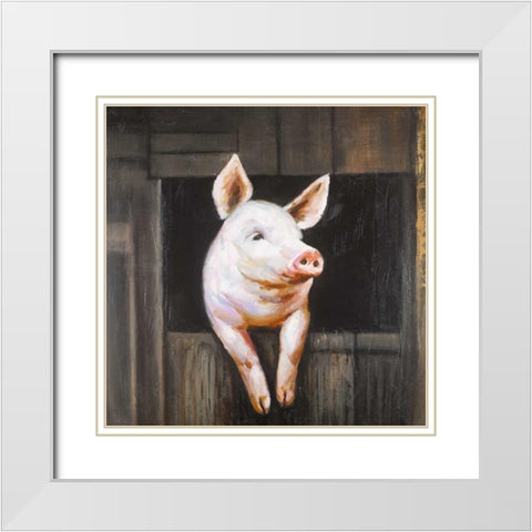 Smiling Pig White Modern Wood Framed Art Print with Double Matting by Atelier B Art Studio