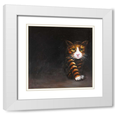 Discreet Cat White Modern Wood Framed Art Print with Double Matting by Atelier B Art Studio