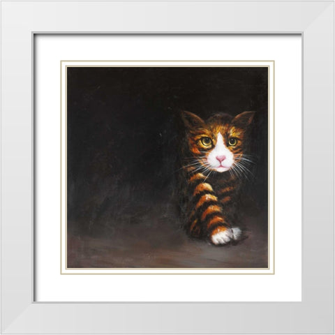 Discreet Cat White Modern Wood Framed Art Print with Double Matting by Atelier B Art Studio