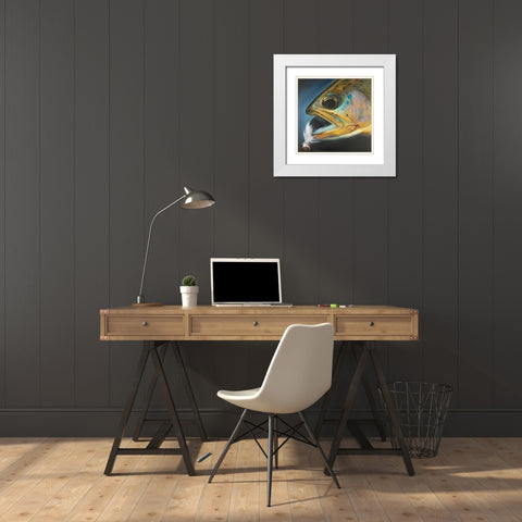 Golden Trout with Fly Fishing Flie White Modern Wood Framed Art Print with Double Matting by Atelier B Art Studio