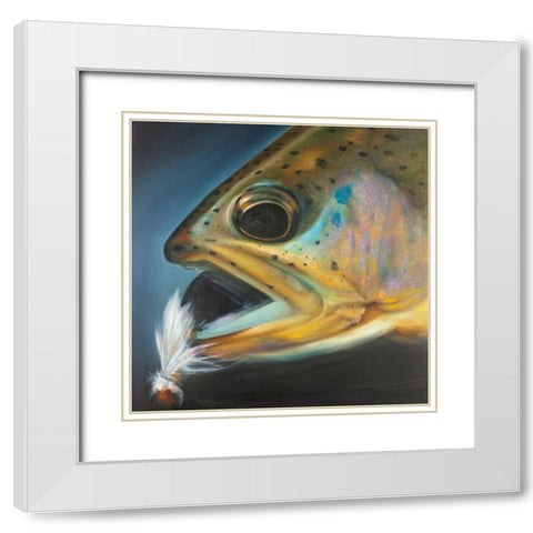 Golden Trout with Fly Fishing Flie White Modern Wood Framed Art Print with Double Matting by Atelier B Art Studio