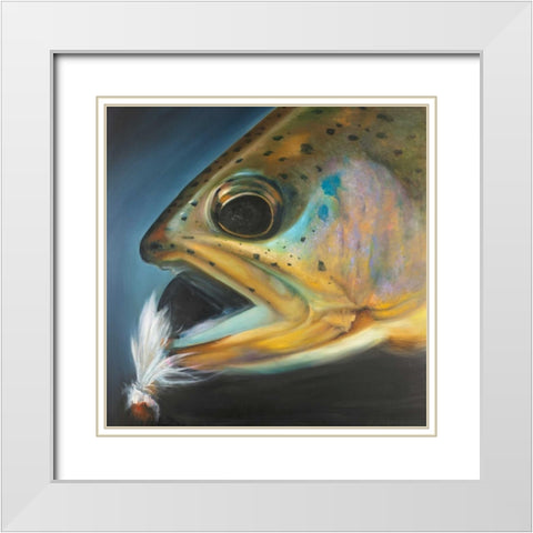 Golden Trout with Fly Fishing Flie White Modern Wood Framed Art Print with Double Matting by Atelier B Art Studio