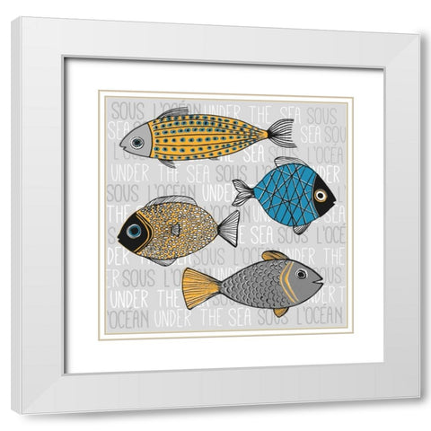 Illustration of Fishs White Modern Wood Framed Art Print with Double Matting by Atelier B Art Studio