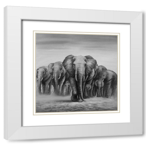 Herd Elephants White Modern Wood Framed Art Print with Double Matting by Atelier B Art Studio