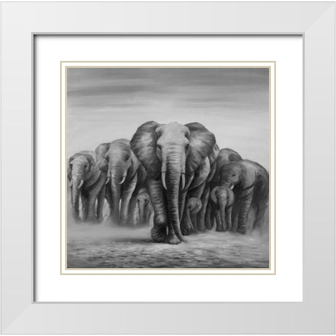 Herd Elephants White Modern Wood Framed Art Print with Double Matting by Atelier B Art Studio