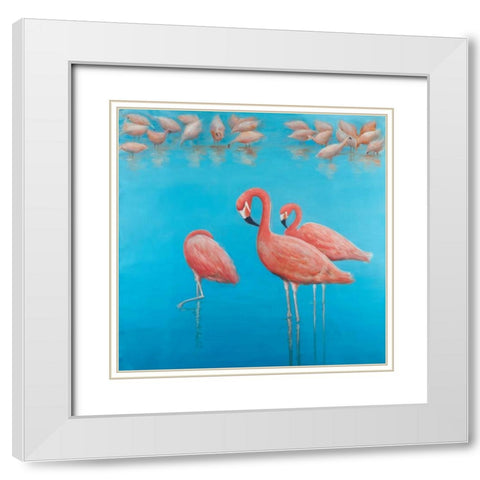 Group of Flamingos White Modern Wood Framed Art Print with Double Matting by Atelier B Art Studio