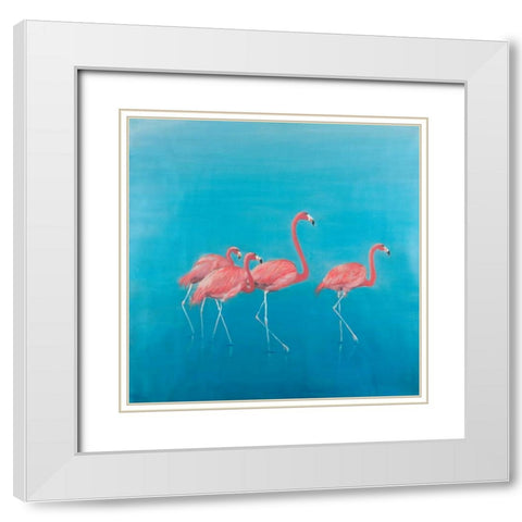 Four Flamingos White Modern Wood Framed Art Print with Double Matting by Atelier B Art Studio