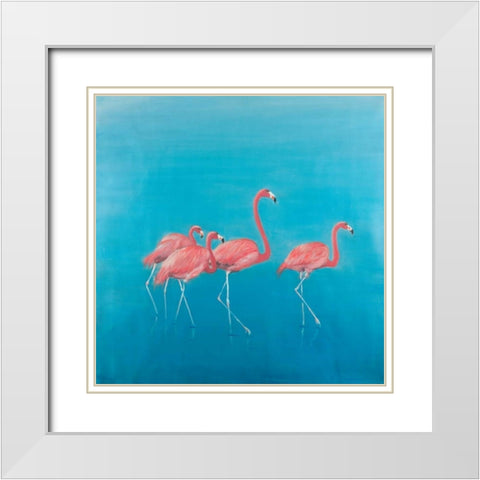 Four Flamingos White Modern Wood Framed Art Print with Double Matting by Atelier B Art Studio