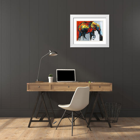 ABSTRACT AND COLORFUL ELEPHANT IN MOTION White Modern Wood Framed Art Print with Double Matting by Atelier B Art Studio