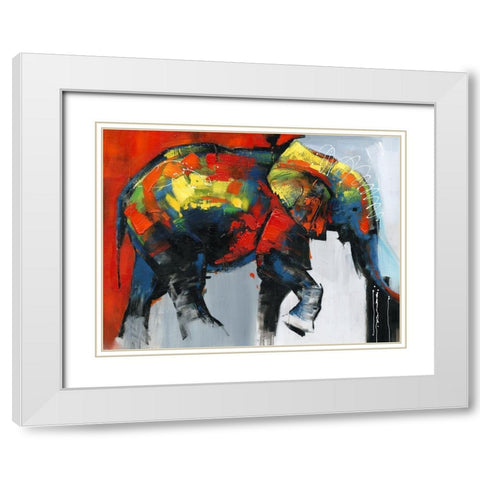 ABSTRACT AND COLORFUL ELEPHANT IN MOTION White Modern Wood Framed Art Print with Double Matting by Atelier B Art Studio