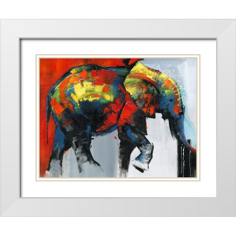 ABSTRACT AND COLORFUL ELEPHANT IN MOTION White Modern Wood Framed Art Print with Double Matting by Atelier B Art Studio