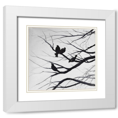 Birds and Branches Silhouette White Modern Wood Framed Art Print with Double Matting by Atelier B Art Studio