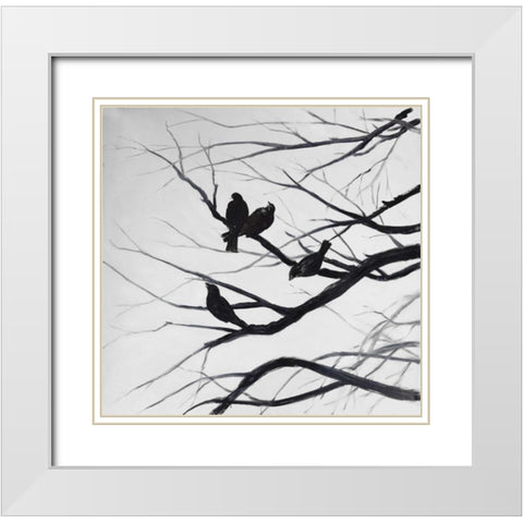 Birds and Branches Silhouette White Modern Wood Framed Art Print with Double Matting by Atelier B Art Studio