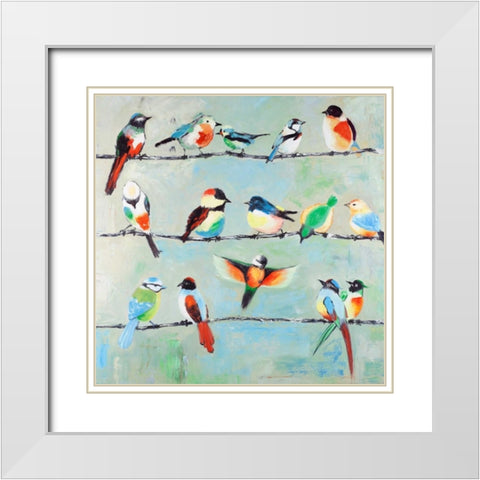 Small Abstract Colorful Birds White Modern Wood Framed Art Print with Double Matting by Atelier B Art Studio